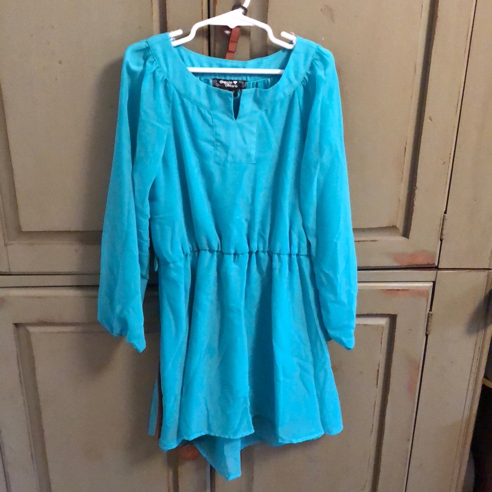 Girls Grecian  dress size 7 teal hi-low with belt